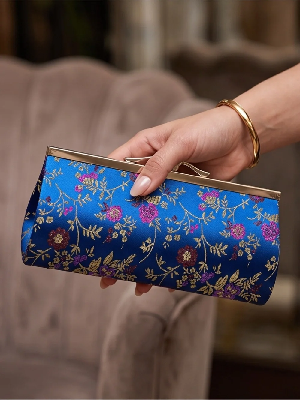 Azure Floral Satin Evening Clutch with Gold Frame